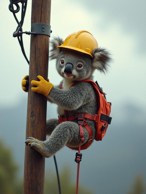 Ultra-realistic photo of a baby koala wearing a safety harness, yellow helmet, and work gloves climbing a wooden power pole with electric cables, cloudy sky in background. Realistic lighting, detailed fur texture and safety gear, professional setting.