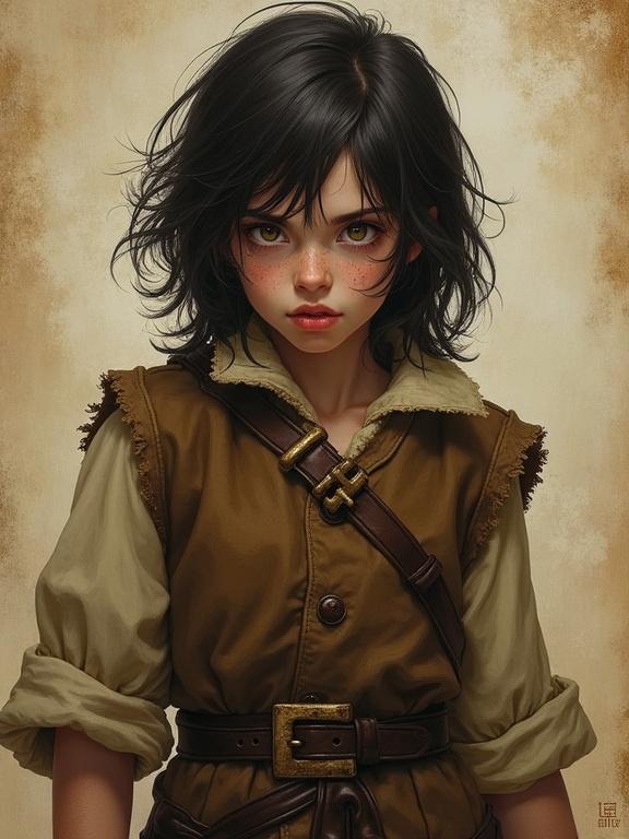 Character portrait of a halfling adolescent with dark hair and freckles. Dressed in medieval clothing with a brown vest. Background fades into worn parchment. Digital art in a fantasy style.