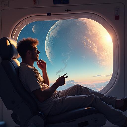 A man sits in a spaceship chair reclining. He gazes out a large window at the breathtaking view of outer space. Planets are visible in the distance. Trails of smoke rise from a joint he is smoking. The atmosphere is tranquil and contemplative.