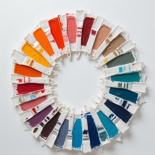 Circular arrangement of colorful paint samples placed on a white background. Each color swatch is attached to a white palette resembling an artist coat. Variety of colors displayed in an organized pattern.