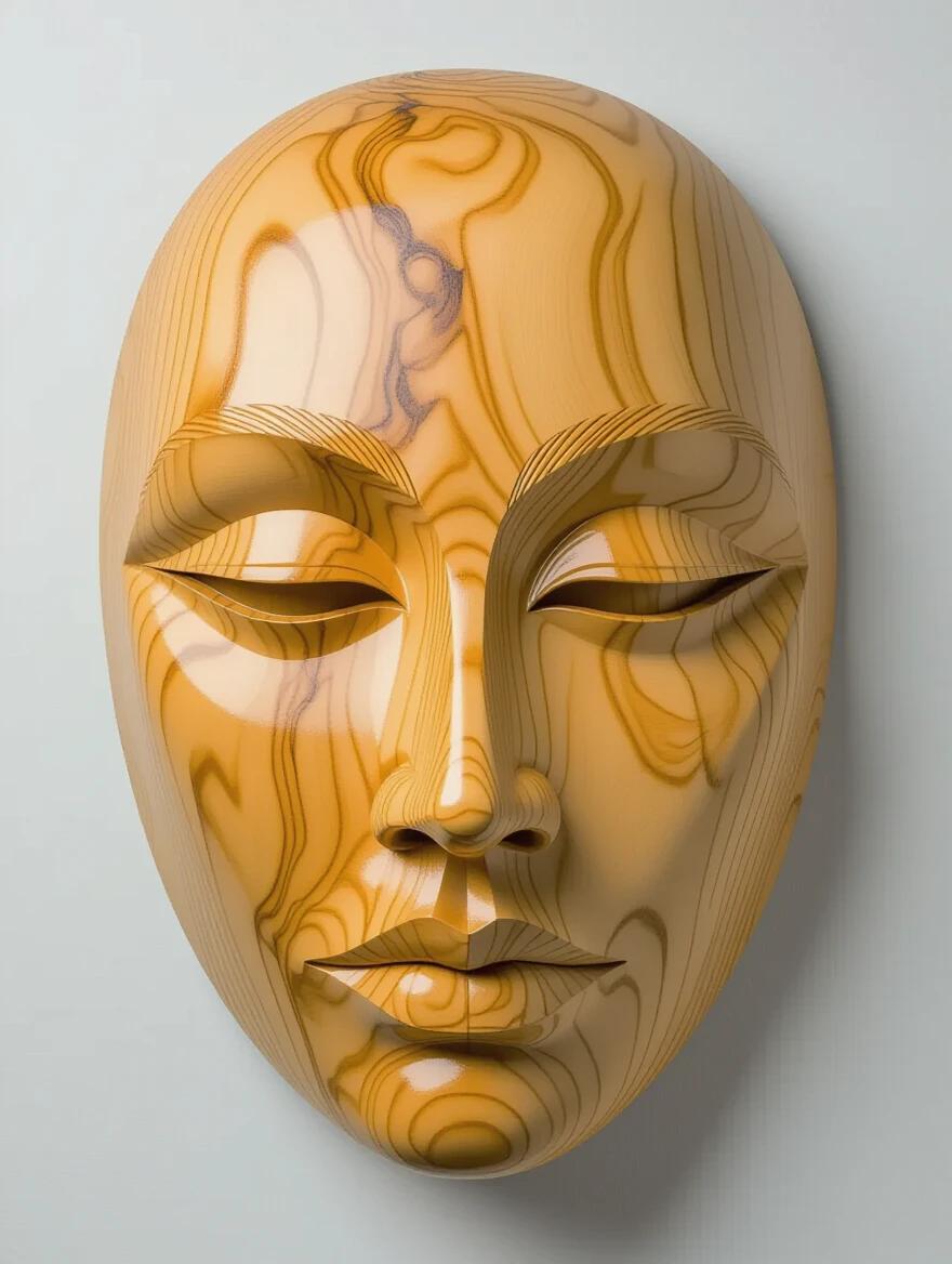 3D erotic-style wooden mask carved from olive wood with fine grain and smooth finish. The mask features intricately detailed nude body with deep carved lines and texture. The grain and shading give the mask depth and a lifelike appearance.