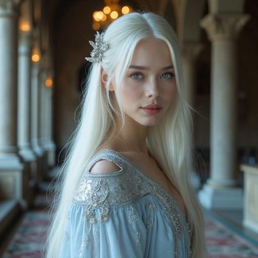 An elegant adult woman stands in a grand candlelit dining hall. She has long straight platinum blonde hair with icy shimmer and a serene smile. Her soft porcelain skin and delicate facial features reflect a Japanese aesthetic. The ethereal gown flows gracefully, layered with sheer fabrics and adorned with silver embroidery. The atmosphere is cool and magical, with tall arched windows and stone columns surrounding her. It captures a semi-realistic style and an artistic, sophisticated ambiance for a mature audience.