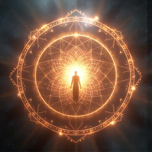 Hyper-realistic visualization of a transcendent defense shield around a central glowing figure in deep space. Multi-layered shield with quantum patterns and sacred geometry. Energies interacting in the cosmic environment around the figure. Imposing cosmic and radiant atmosphere with luminous effects.