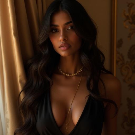 Portrait of a woman in a moment of allure. Subject has dark hair and is positioned against a silk-draped wall. Warm candlelight enhances her features. The background hints at cultural richness. The mood blends sensuality and mystery.