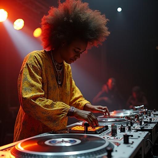 Dynamic female DJ spinning records on turntables. Quick execution of turntable techniques. Performing on stage with vibrant lighting. The crowd enjoys the electrifying atmosphere. Focus on hands moving rapidly over vinyl records.
