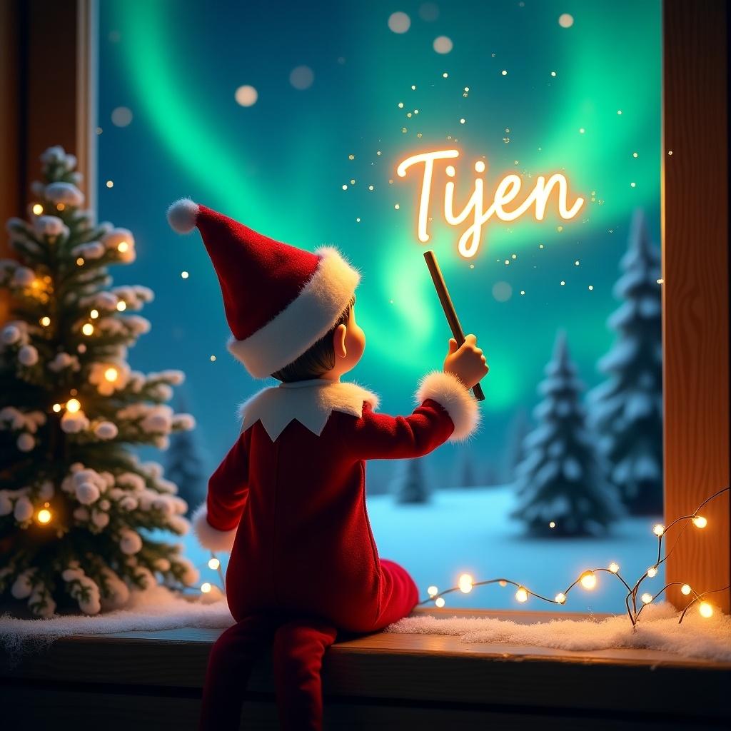 Enchanting Christmas scene with elf on the shelf. Elf dressed in red and white faces sky writing 'Tijen' with magic wand. Vibrant northern lights create a magical backdrop. Festive spirit captured beautifully.