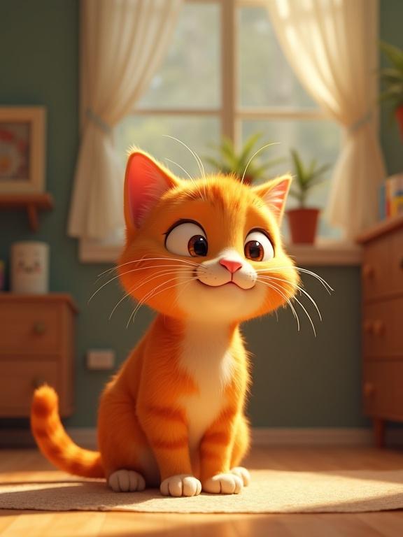 Pixar-style 3D depiction of a playful orange tabby cat named Pumpkin in a cozy apartment. Cat is exploring and looking content while sitting on a carpet.