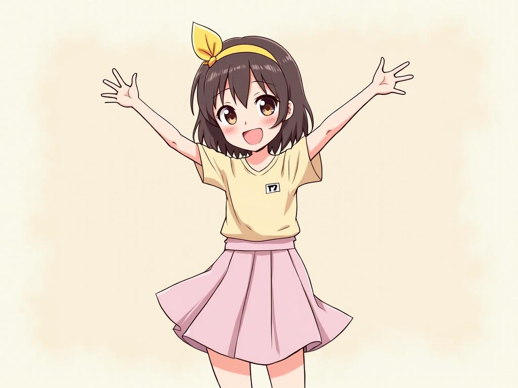 A cute kawaii girl wearing a skirt. She is smiling and looking directly at the viewer. The character is illustrated in anime style with vibrant colors.
