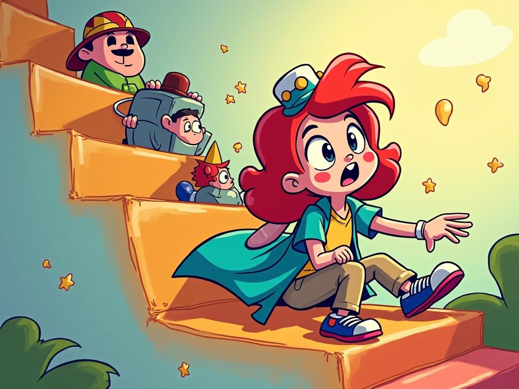 A colorful cartoon scene featuring a girl named Amy sliding down the stairs, with a surprised expression. She is wearing a teal cape and casual clothes, showcasing her adventurous spirit. Behind her, three quirky characters are following her down the stairs, exhibiting a mix of emotions from excitement to surprise. The setting is bright and cheerful, with stars and balloons floating around. This playful illustration captures a moment of fun and humor for children, making it ideal for educational or entertainment purposes.