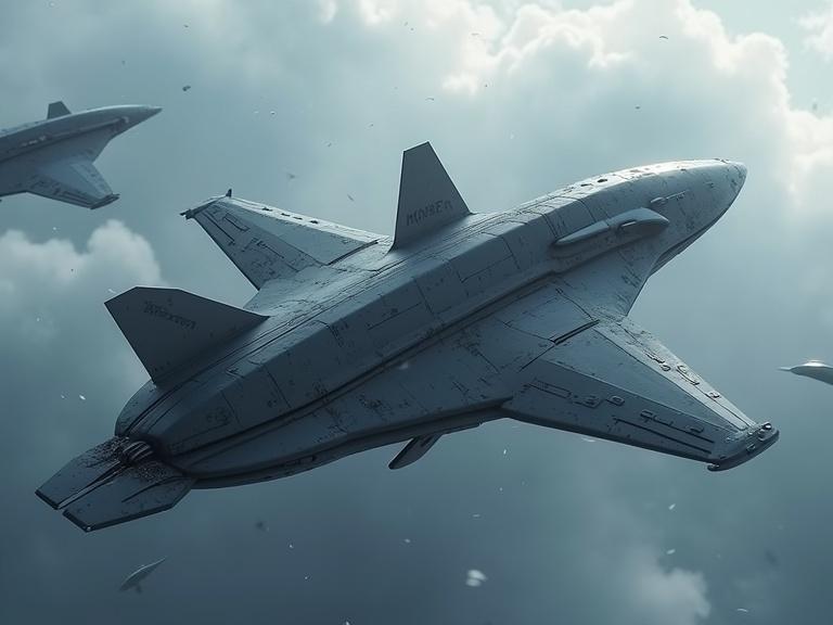A cinematic military sci-fi scene featuring a sleek grey dropship with a bevel shape. Show details of hard, burnt, scratchy metal textures as multiple dropships fall through a white and blue atmosphere. Emphasize realism with attention to shadow and texture in a 4K format.