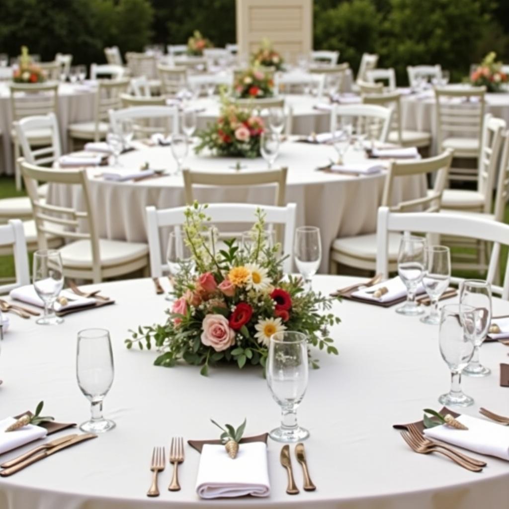 The image captures a beautifully arranged wedding reception with neatly set round tables. Each table is draped in a soft white tablecloth, enhancing the elegance of the setting. At the center of each table is a floral centerpiece that adds charm and beauty to the decor. The arrangement includes several glasses and cutlery, indicating a formal dining experience. The outdoor setting is lush and green, creating a picturesque backdrop for the celebration.