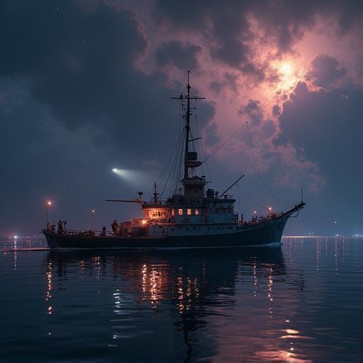 Image of a realistically detailed alien ship at night. Lights illuminate the ship. Background features a dark sky with clouds and glowing details.