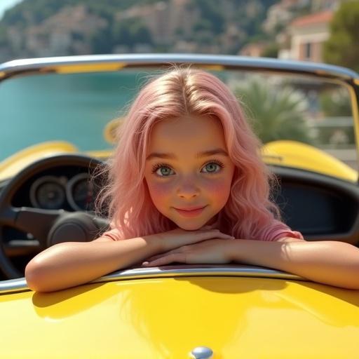 A young girl with wavy light pink hair and green-blue eyes sits behind the wheel of a bright yellow sports convertible. The roof of the car is down. She has a slight smile. Recognizable streets and coast of Monaco in the background. Medium shot during daylight.