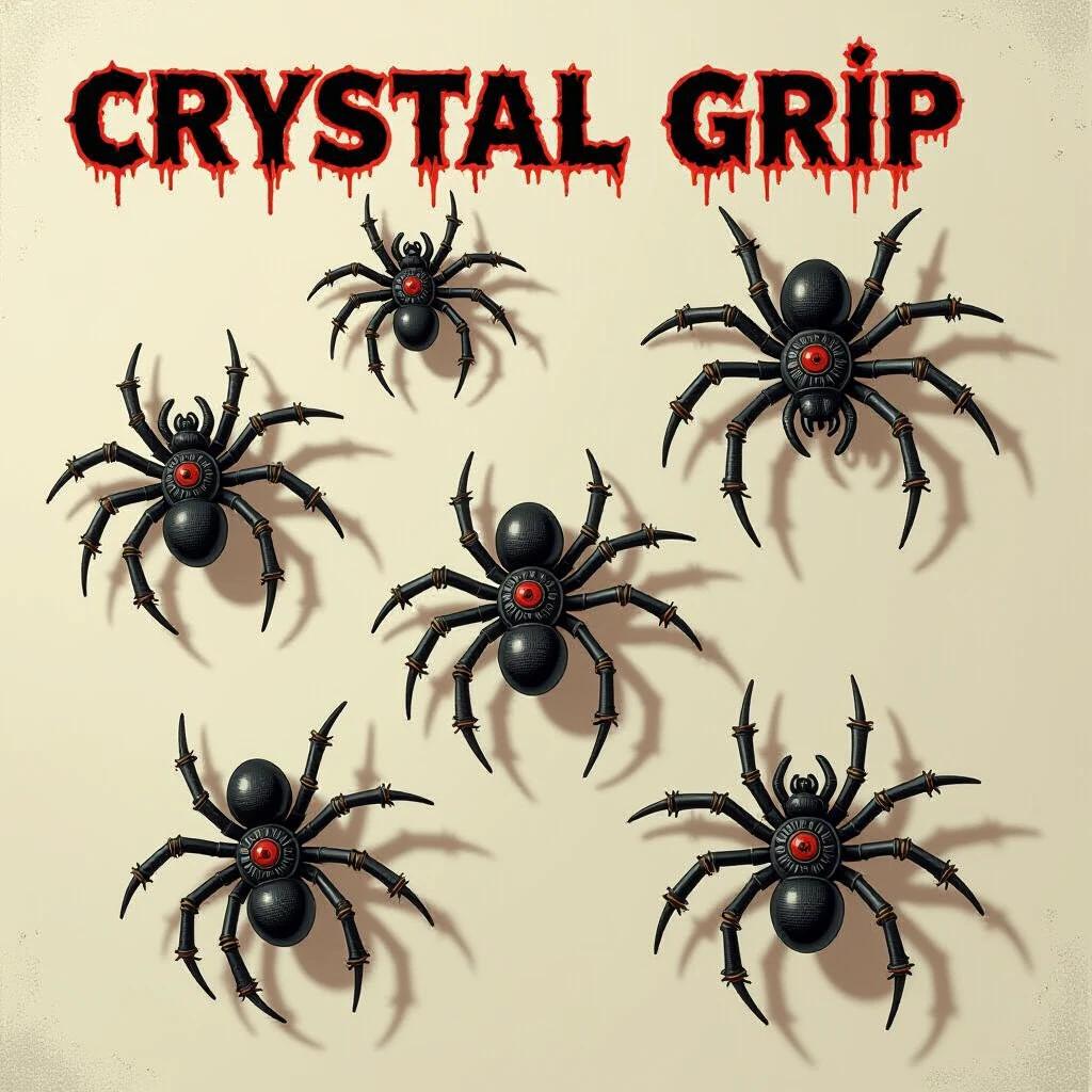 Surreal image of Clockwork spiders on a beige wall resembling 80s horror film style. The spiders are black with red accents. The word CRYSTAL GRIP is prominently displayed in horror-themed lettering.