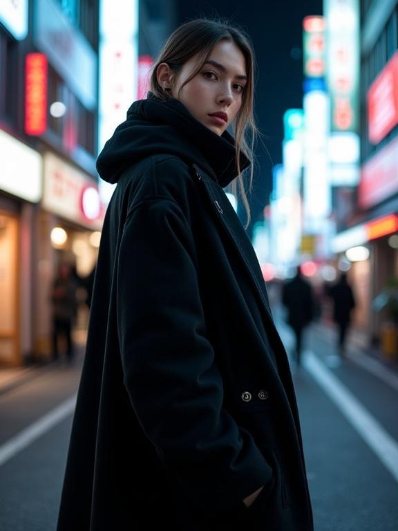 Model stands in a Tokyo street wearing a futuristic black coat. Night scene with neon reflections in the background. Fashion editorial photography style.