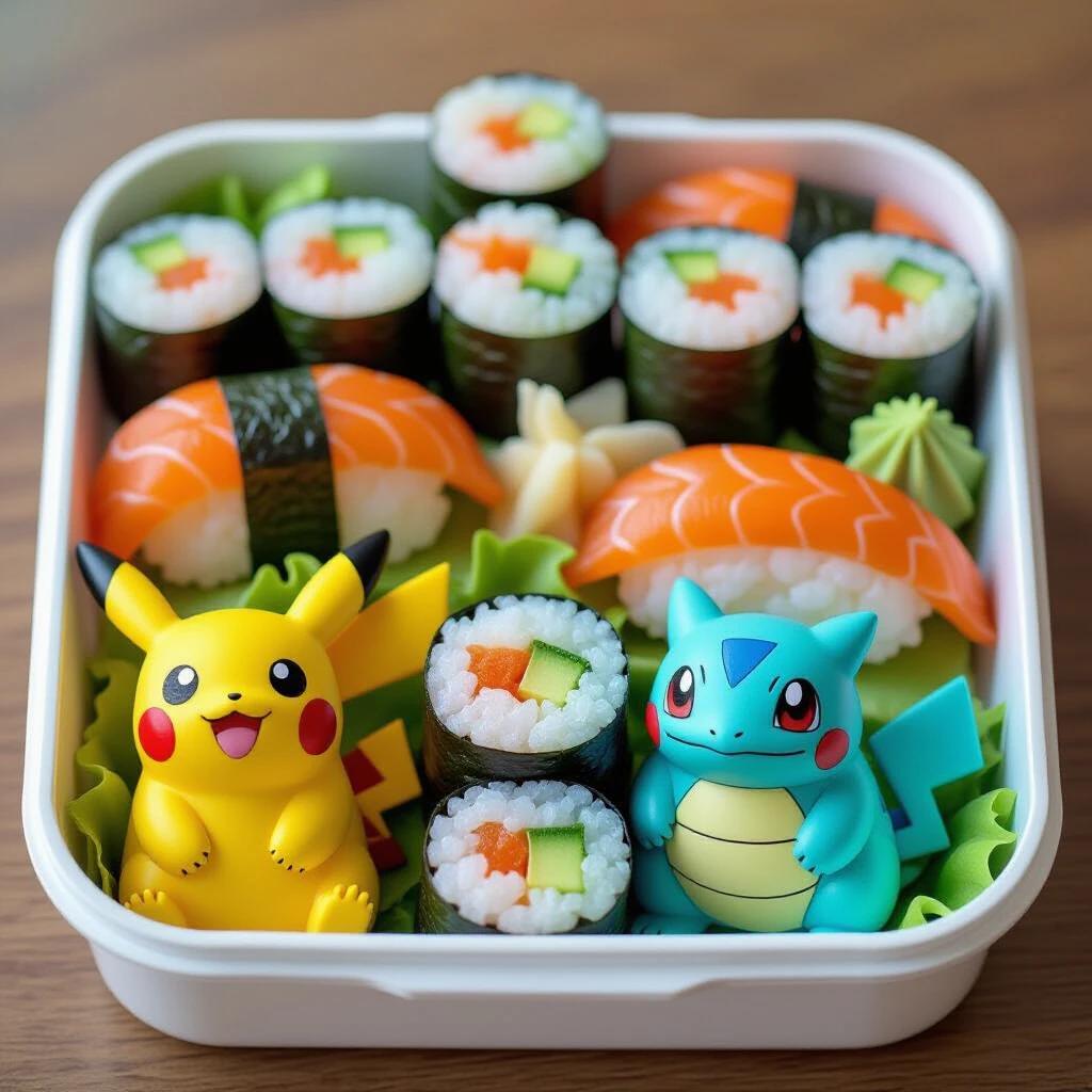 Bento box filled with sushi styled as Pokémon characters. Features Pikachu and Bulbasaur with colorful sushi rolls.