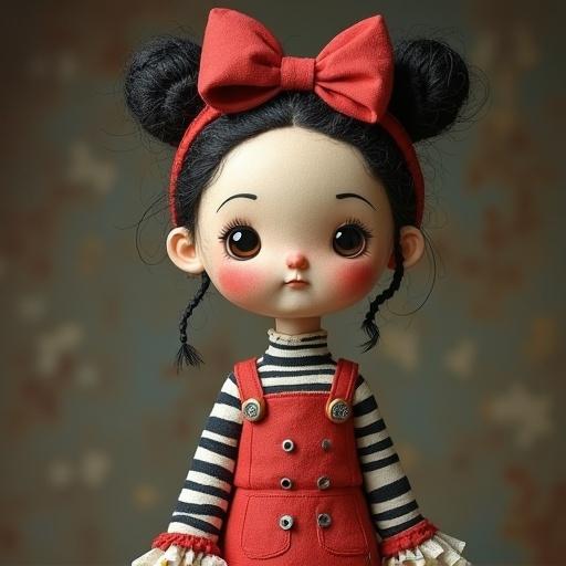 Close up of a ball jointed doll wearing a red dress with stripes and a bow headband. Doll made from high-quality materials presenting intricate details. The background is softly blurred adding focus to the doll's appearance.