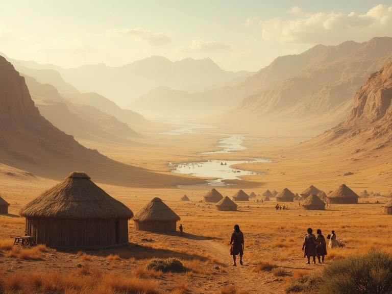 Wide view of ancient tribes migrating across vast landscape with simple huts in foreground and mountains along river in background