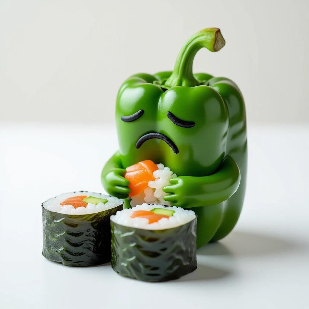 A sad green pepper sits down on a flat surface holding sushi. The image has low saturation and emphasizes the pepper's emotion.