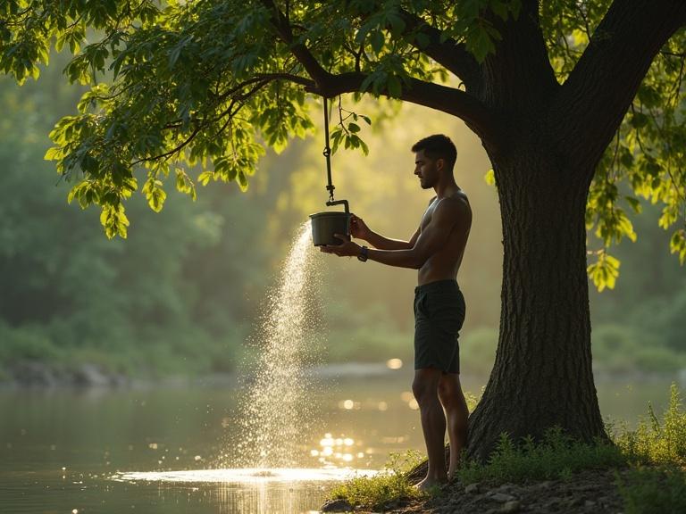 A man is watering a tree. The tree has leaves made of money. Sunlight filters through the leaves creating a serene atmosphere.