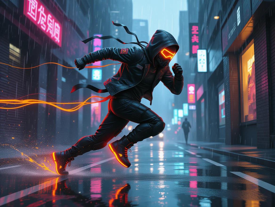 A masterpiece showcasing a masked cyberpunk courier mid-sprint. Image shows the courier in the left third of the frame with motion blur from their jacket. The glowing orange visor and boots contrast sharply with the black ink splatter background. Dripping brush textures evoke speed and urgency. The scene is set in a rainy neon alley with a rule of thirds composition.