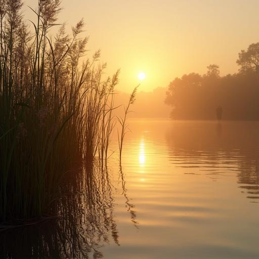 A serene lakeside scene featuring tall reeds. Soft golden evening light reflects on calm water. A faint silhouette can be seen behind the reeds. The atmosphere is tranquil and serene. The details are hyperrealistic with natural colors. The mood is poetic and nostalgic.