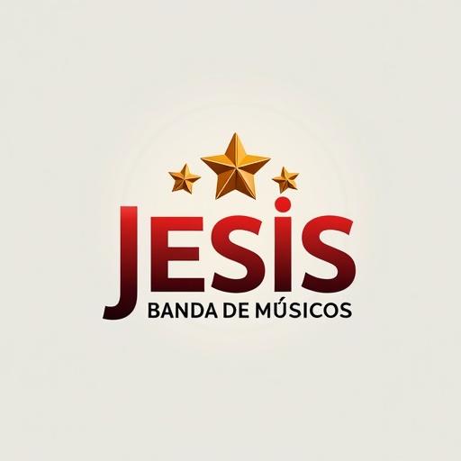 Logo design for a band named Jesus features musical elements including golden drums and saxophones. Main text JESÚS is in large gold letters with Peru in red fluid style. Banda de Músicos is in highlighted design. Three golden stars sit above the logo. The background is light gray.