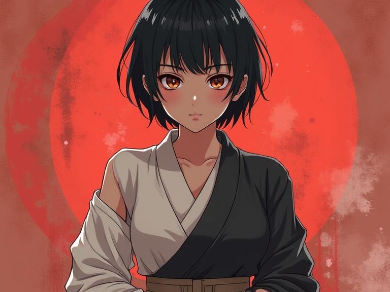 Anime style character dressed as a ninja with short black hair standing in front of a red circle. Stylish and confident expression showcased.
