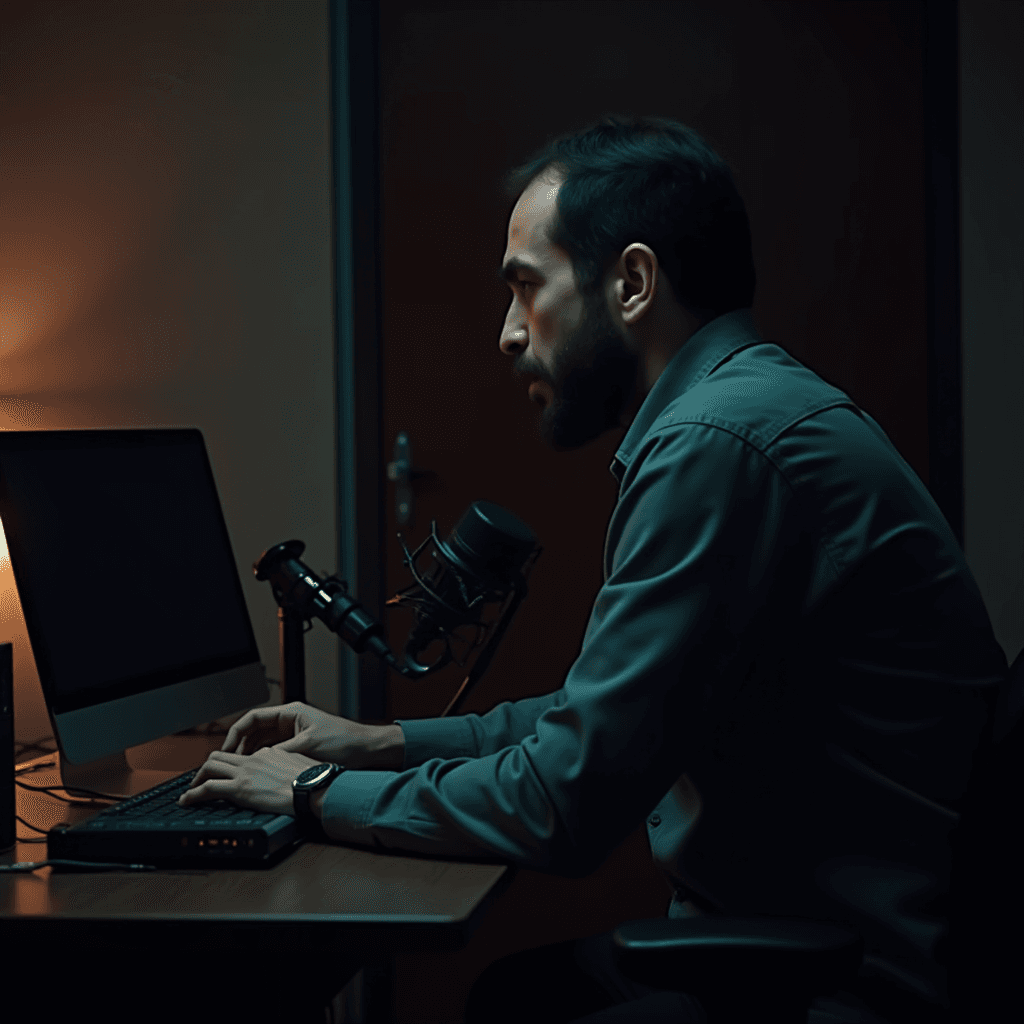 A man in a dimly lit room is focused on recording with a microphone and a computer.