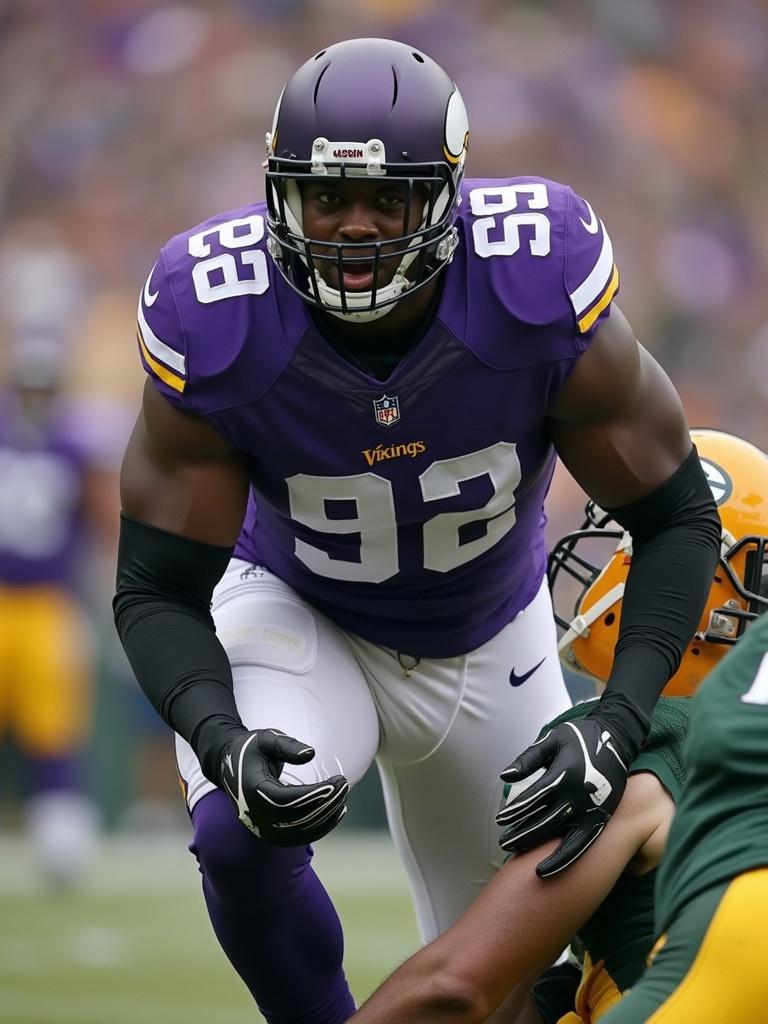 A large black man wears a Minnesota Vikings jersey with pads and a helmet. He stands over a smaller Green Bay Packers player. The Vikings player yells at the Packers player who is visibly upset. Players are on a football field during a game.