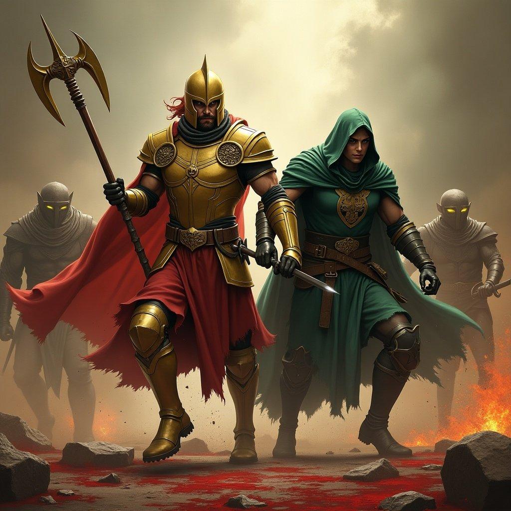 Golden paladin and dark green wizard in a bloody battle. Warriors stand back to back. Monsters loom in the background. Epic scene in a fantasy setting. Detailed armors and weapons are ready.