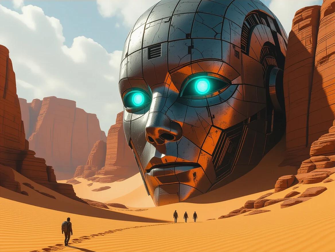 Colossal android face in desert canyon surrounded by futuristic ruins. Cyan eyes glowing with cracked metallic skin. Tiny human explorers walking on sand dunes. Deep shadows and orange sandstone cliffs visible in the background. Highly detailed and hyperrealistic imagery with a surreal scale.