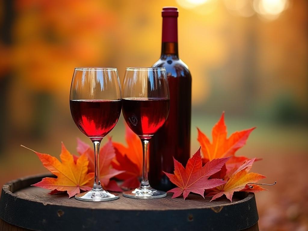 In the image, there are two elegant glasses of red wine resting on an old wooden barrel. Surrounding the glasses are vibrant autumn leaves, creating a warm and inviting atmosphere. A rich bottle of red wine stands behind the glasses, adding to the rustic charm. The background is filled with softly blurred autumn colors, hinting at a sunset glow. The overall setting exudes a cozy, romantic vibe, perfect for enjoying a drink as the day winds down.