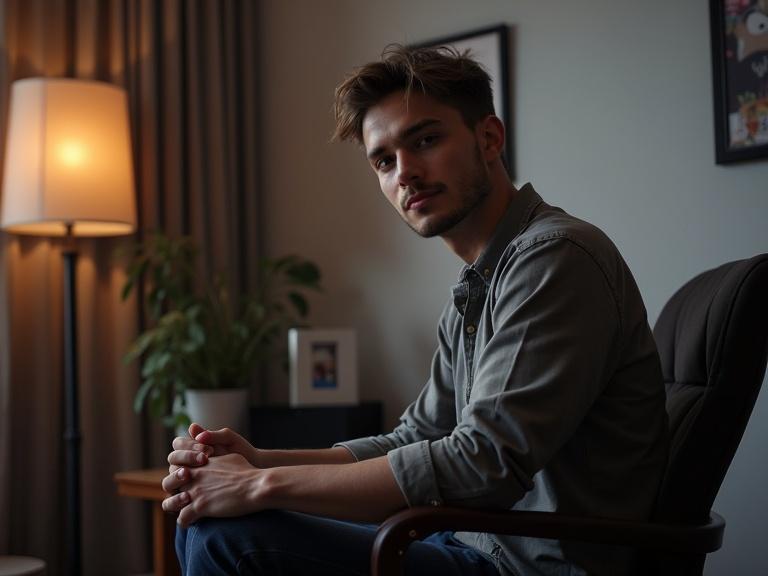 A professional YouTuber sitting in his setup room. Soft lights illuminate the space. The young man looks straight forward at the camera. The atmosphere is warm and inviting.