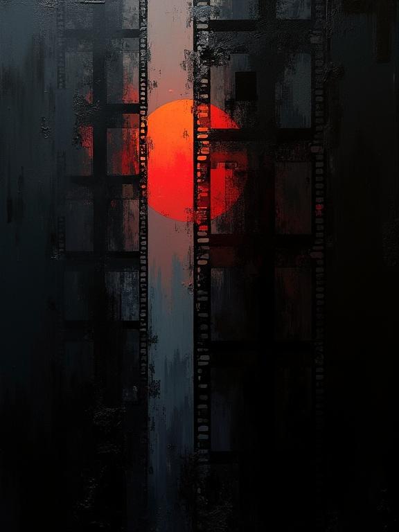 Digital oil painting features a black background with harsh visible paint strokes. Cubist and unfinished artistic elements are present in the composition. Flat colors combine with dynamic silhouette design emphasizing minimalist styles. Repeating voids shaped like film negatives create an engaging visual. Shadows blend with cubist edges resembling film strips, featuring subtle corrosion and weathered textures.