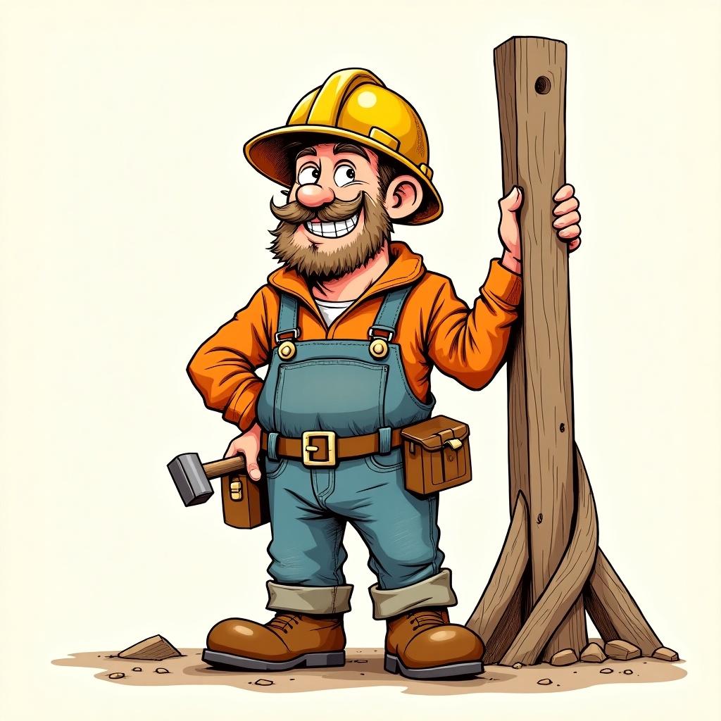 A sketchy illustration of a humorous builder in a light, hand-drawn style. The figure is a messy, amusing construction worker with an oversized helmet, colorful work clothes, and large work boots. He leans casually against a shaky wooden structure with a hammer hanging from his belt. His expression is confident yet clumsy. The lines are rough, creating a charming artisanal impression, with limited but warm earth tones. Ideal for an adventurous board game card.