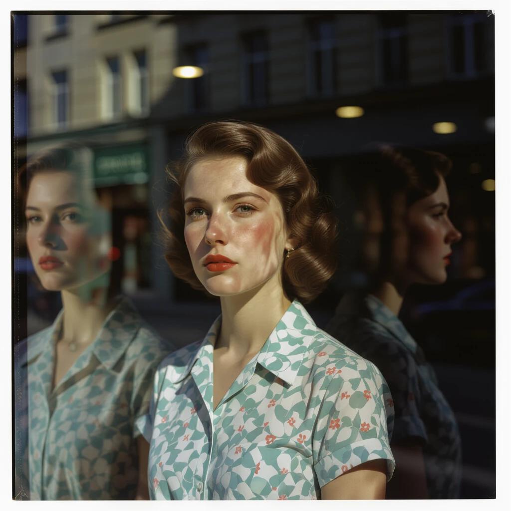 Shop window with a woman standing near it. Distorted reflections surround her. Lit by daylight creating natural highlights. Features pre-war elements. Mirrors crop the upper part of the image. Overexposed highlights accentuate cheekbones. Darker vignette to the right showing sunlight. Focus shift artifacts and condensation marks add texture.