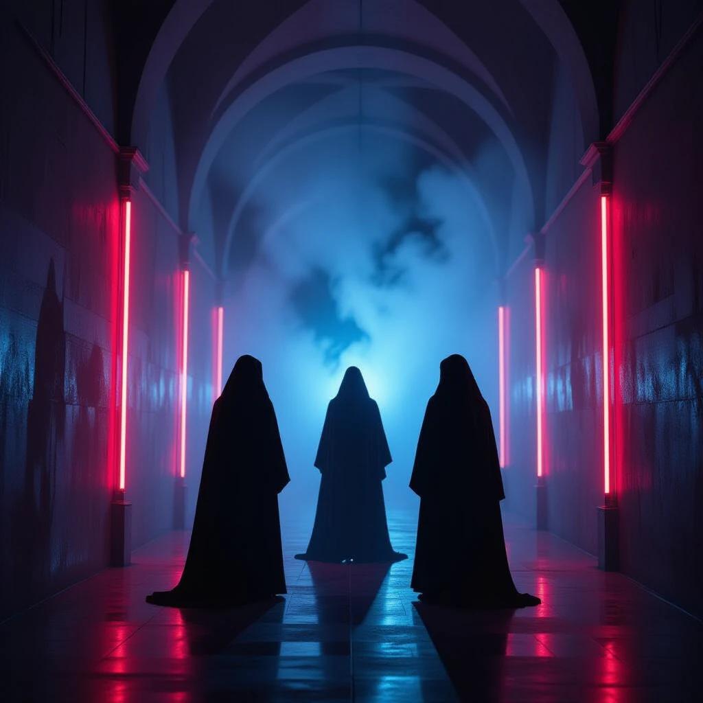 Three figures are silhouetted in a dramatic arched corridor. The corridor has vertical red neon tubes illuminating the space. A faint blue mist swirls in the center. Shadows dance with bright lights creating mystery. The scene inspires artistic intrigue and cinematic quality.
