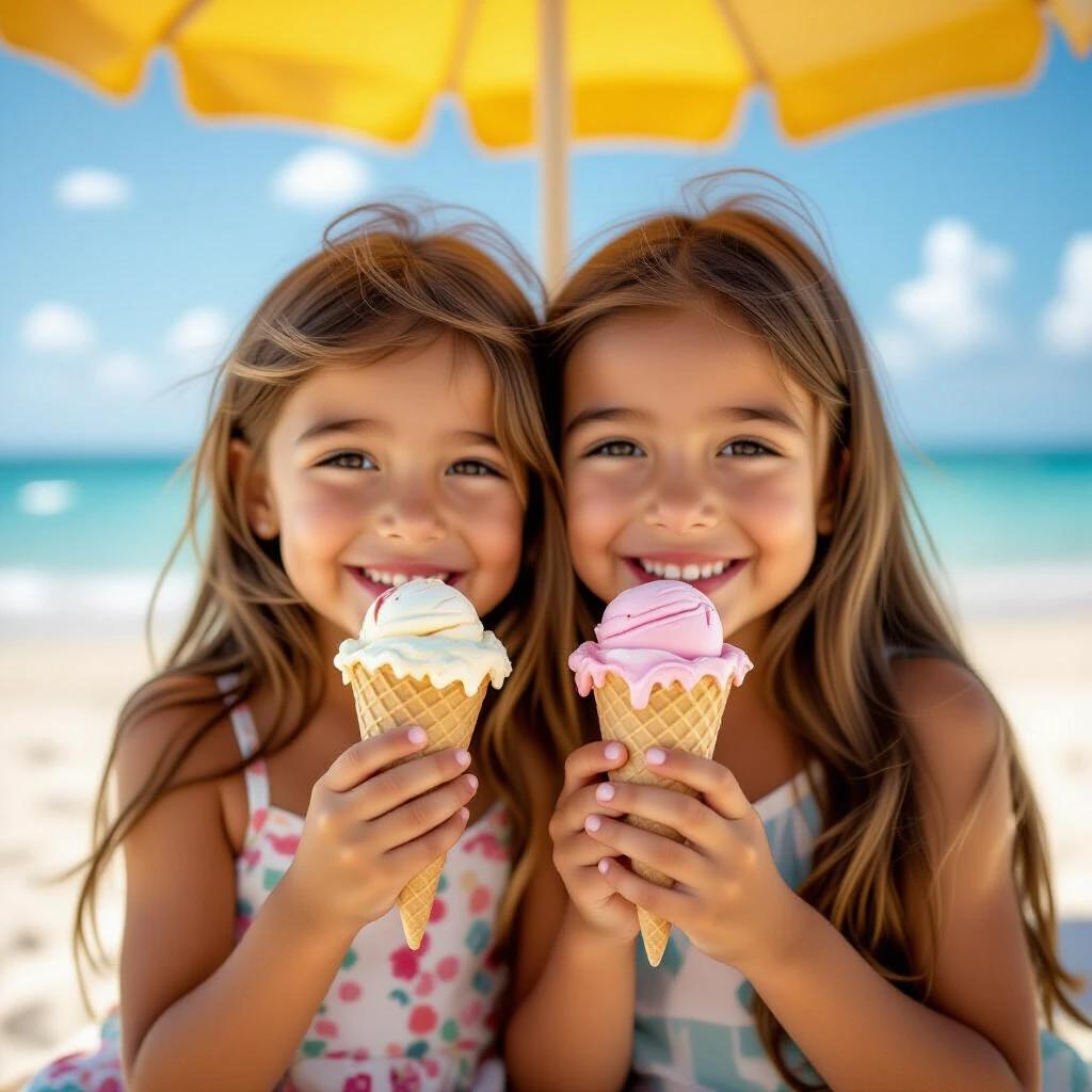 Twins girls with long straight brown hair eat ice cream on the beach under a yellow umbrella. They have big smiles while enjoying their treat.