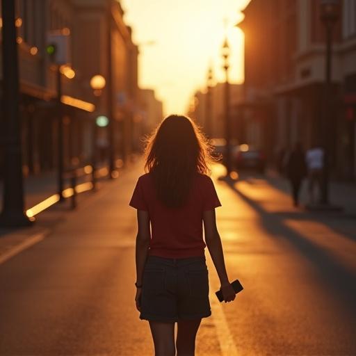 POV from Amelia while walking alone on a quiet urban street during golden hour. Natural light casts long shadows. Warm sunset tones on buildings. Amelia’s hands holding a phone. Slight motion blur to suggest walking. Ultra-realistic, cinematic atmosphere.