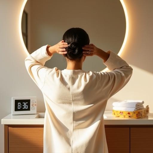 High-resolution front wide-angle shot of a modern bathroom. Soft natural morning light fills the room. Warm beige textured walls provide a calm ambiance. A large oval mirror is centered above a minimalist wooden vanity. A South Asian woman in a cream-toned outfit stands facing away from the camera. She gracefully ties her hair into a low bun. Her calm posture portrays confidence. A digital timer on the vanity reads '8:36'. A golden-yellow box of Fem Gold Ultra Crème Bleach is nearby with a woman's face on the packaging. A stack of white towels is neatly placed on the counter. The composition evokes a tranquil self-care moment.