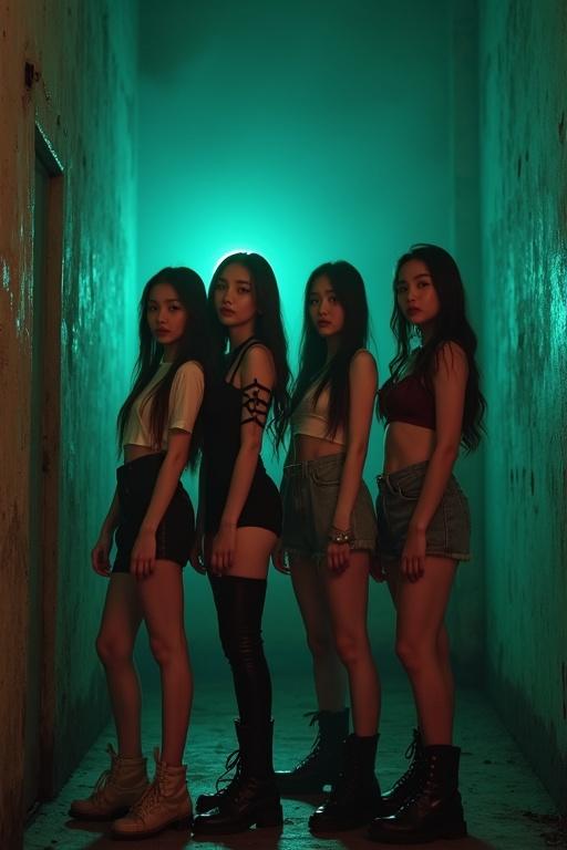 Four Kpop girl group members pose in a dark corridor. The atmosphere is eerie and intense. The background is lit with a supernatural green glow, creating a dramatic contrast with their outfits. Each member has a unique style, showcasing fashion and attitude. They exude confidence and presence, perfect for a debut shoot.