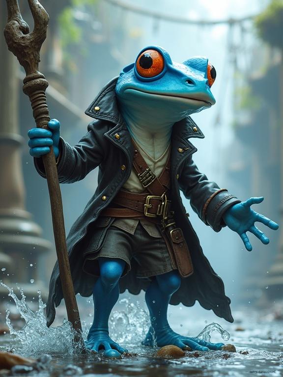 Detailed image of a humanoid blue frog dressed as a pirate. The frog has a white jaw and a dynamic action pose. Wearing flowing pirate clothing with a leather jacket. Appears to be using water magic with a staff. Features like a very long tongue and two-tone skin. Semi-realistic style similar to fantasy artwork.