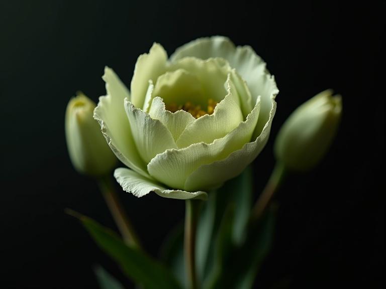 Aesthetic composition features surrealistic abstract flowers and buds on a blurred clean background. The petals are curled and textured resembling fabric folds. The background is deep black highlighting the flower's details. Natural lighting showcases the flower's curves and sculptural quality.