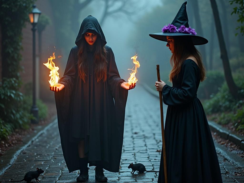 A mysterious scene unfolds on a cobblestone street, where a witch stands under a dark hood, casting flames in both hands. The atmosphere is filled with shadows and rain, creating a mystical vibe. Rats scurry around her feet, adding to the eerie ambiance. In this moment, her face is partially visible, revealing a hint of power and intrigue. The flickering fire illuminates her features, contrasting with the dim surroundings. The silence of the night is palpable as she focuses on the flames, seemingly summoning them with her will. A mysterious young woman dressed as a witch stands in a dense, slightly foggy forest, wearing a dark flowing dress and a tall witch's hat adorned with purple ribbons and flowers, holding a wooden staff, she gazes intently towards the viewer, exuding an aura of mystique and magic.