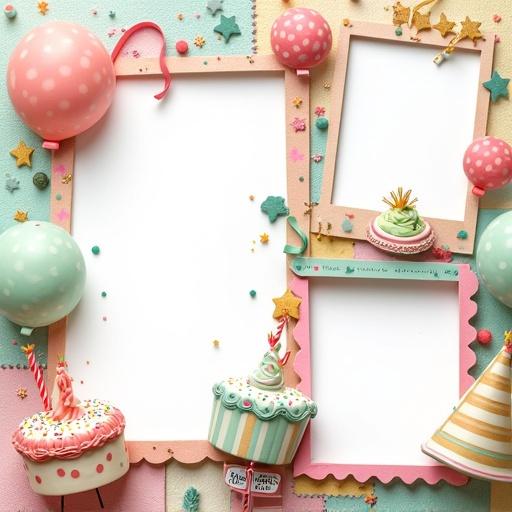 Birthday-themed photo collage in American scrapbook style. Three blank image areas designed for photos. Shapes include a birthday cake, a balloon, and a party hat. Decorative details include candles, sprinkles, ribbons, and polka dots. Handwritten captions outside the frames say, 'Happy Day!', 'Make a Wish!', and 'Party Time'. Background features colorful paper cutouts like confetti, streamers, stars, and cupcake stickers. Overall aesthetic is bright, nostalgic, and joyful.