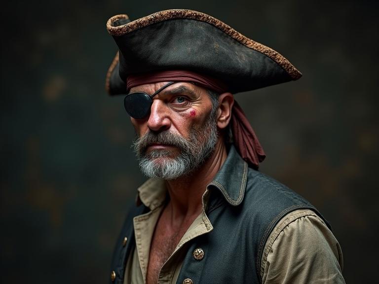 Portrait of a tough muscular pirate with an eye patch and a scar on his cheek wearing a pirate hat and a collared shirt. The character has a serious expression and a dark background enhances the image.