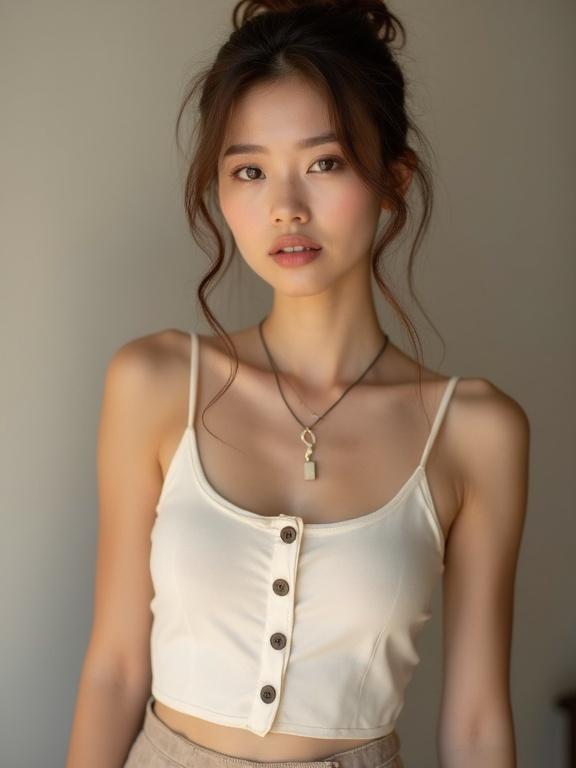 Portrait of a woman with loose brown hair. Wearing a cream-colored buttoned cami and a small pendant necklace. Displaying a gentle expression with natural makeup against a neutral background. She has a very big bust and is wearing a skirt. Focus on neckline and overall soft aesthetic.