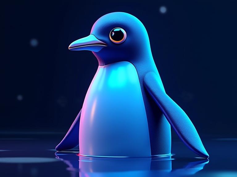 Neon blue and dark blue colors create a high-contrast abstract image. A 3D penguin appears to be swimming in water against a dark background.