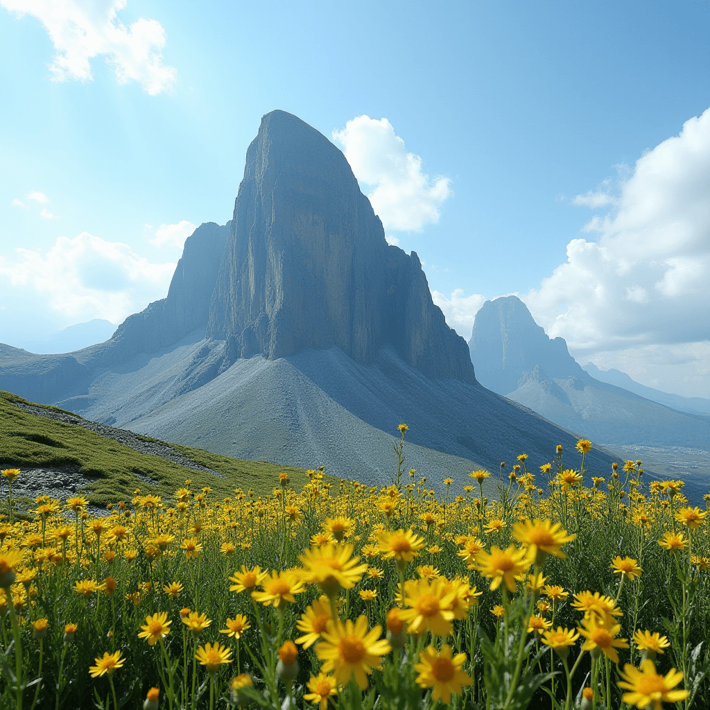 A vibrant field of yellow flowers beneath towering, rugged mountains under a clear blue sky.